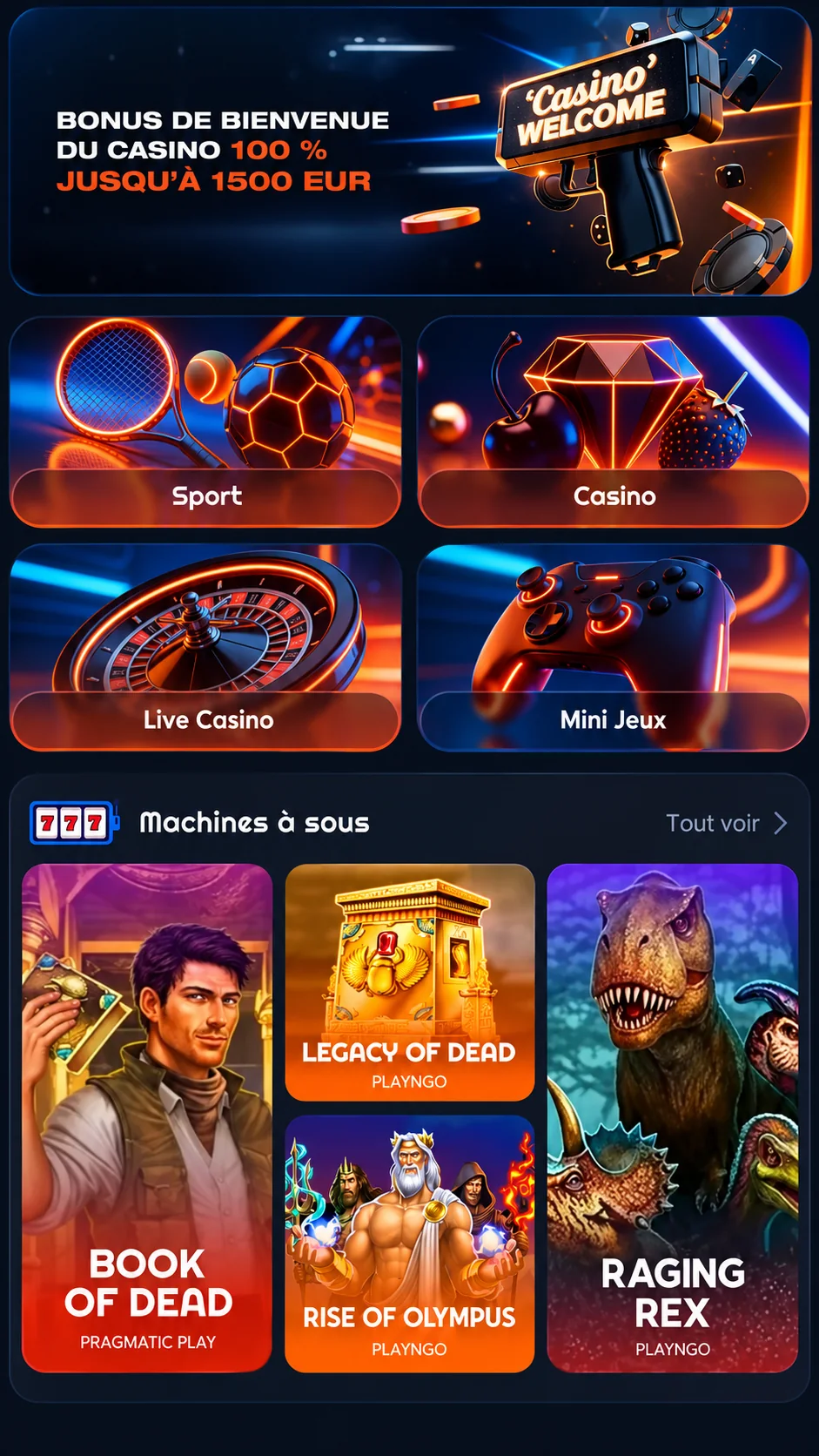Interface Freshbet sur mobile avec casino, live casino, sport et machines à sous