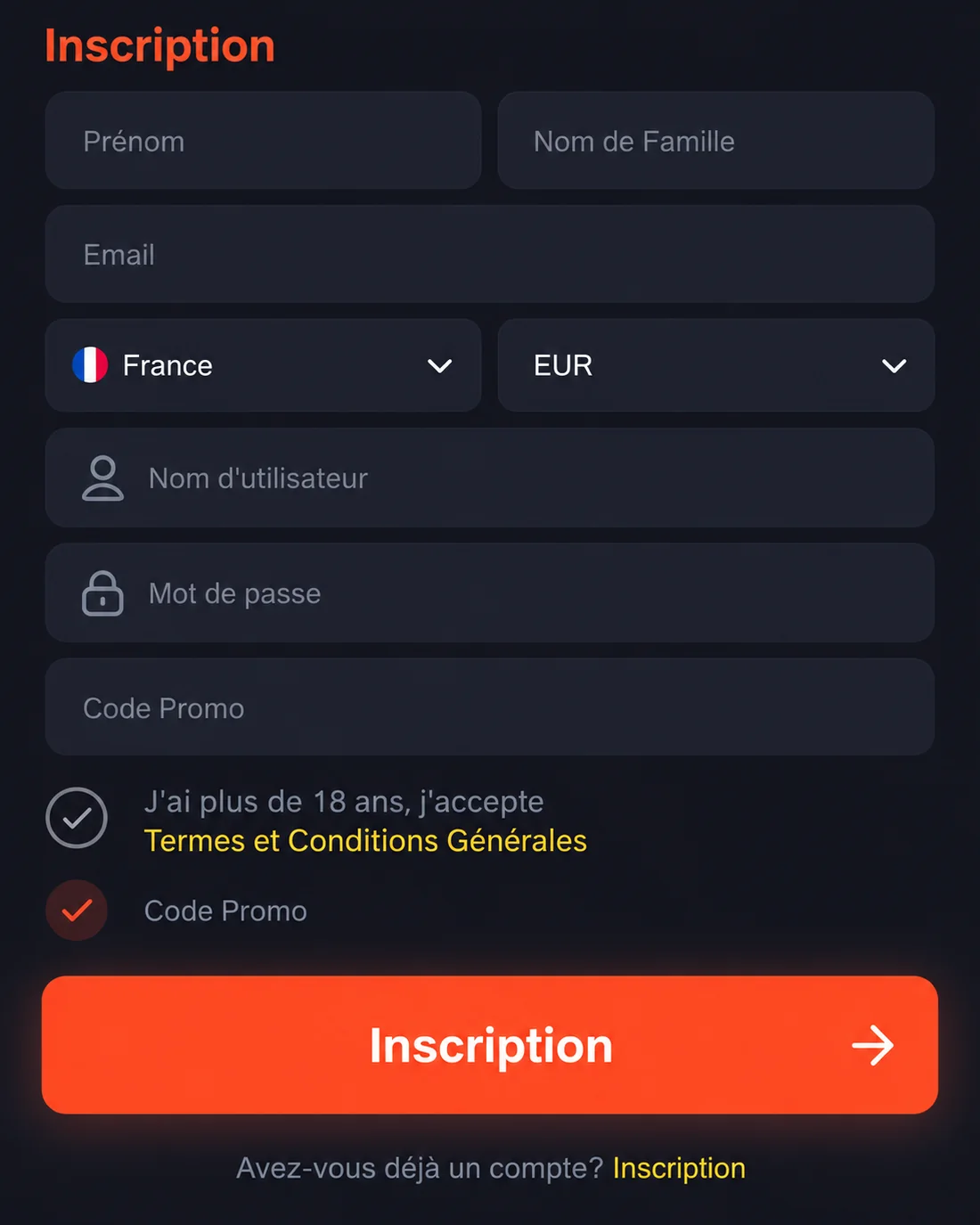 Formulaire d'inscription Freshbet en français