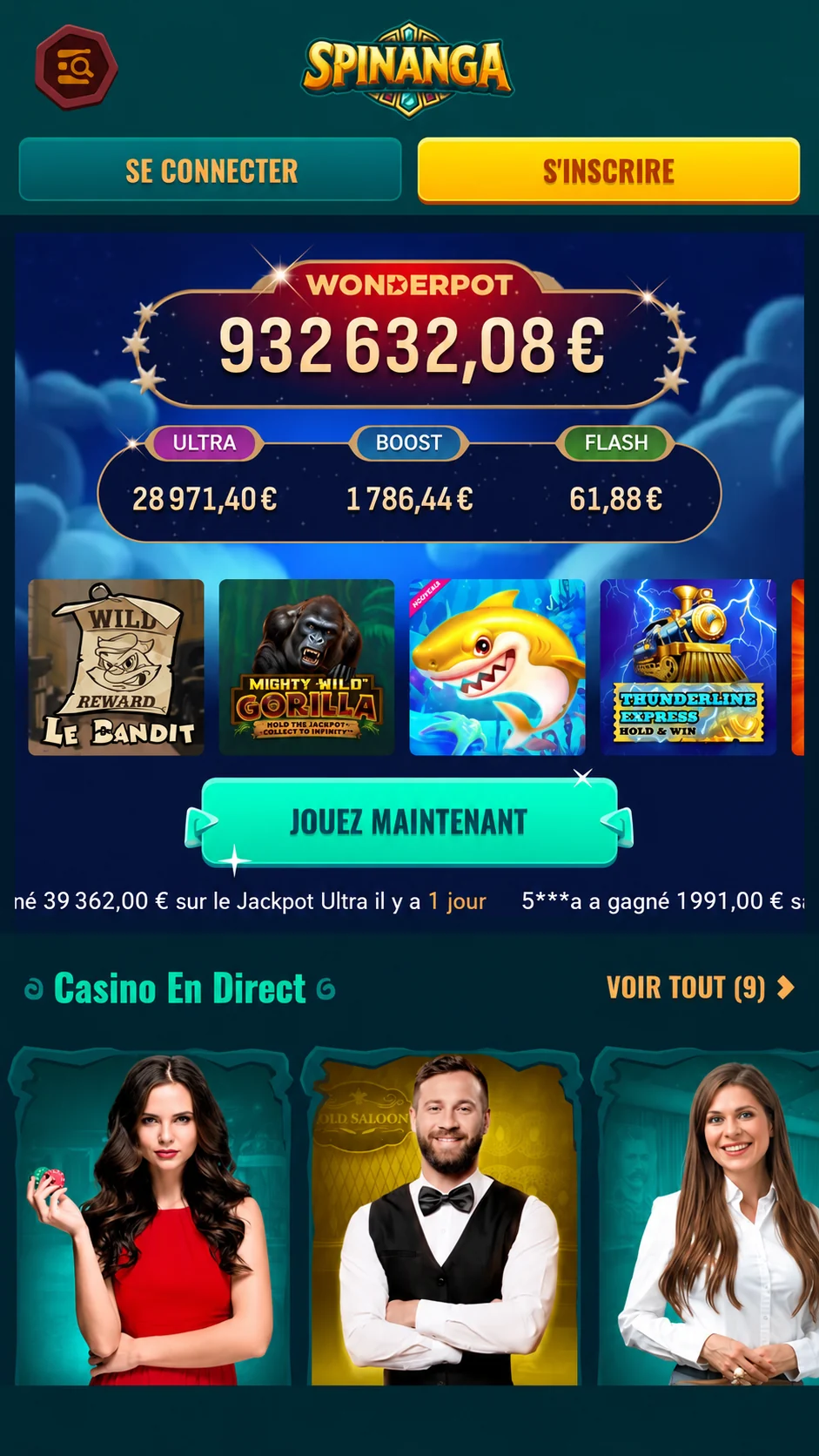 Casino en direct Spinanga et jackpot