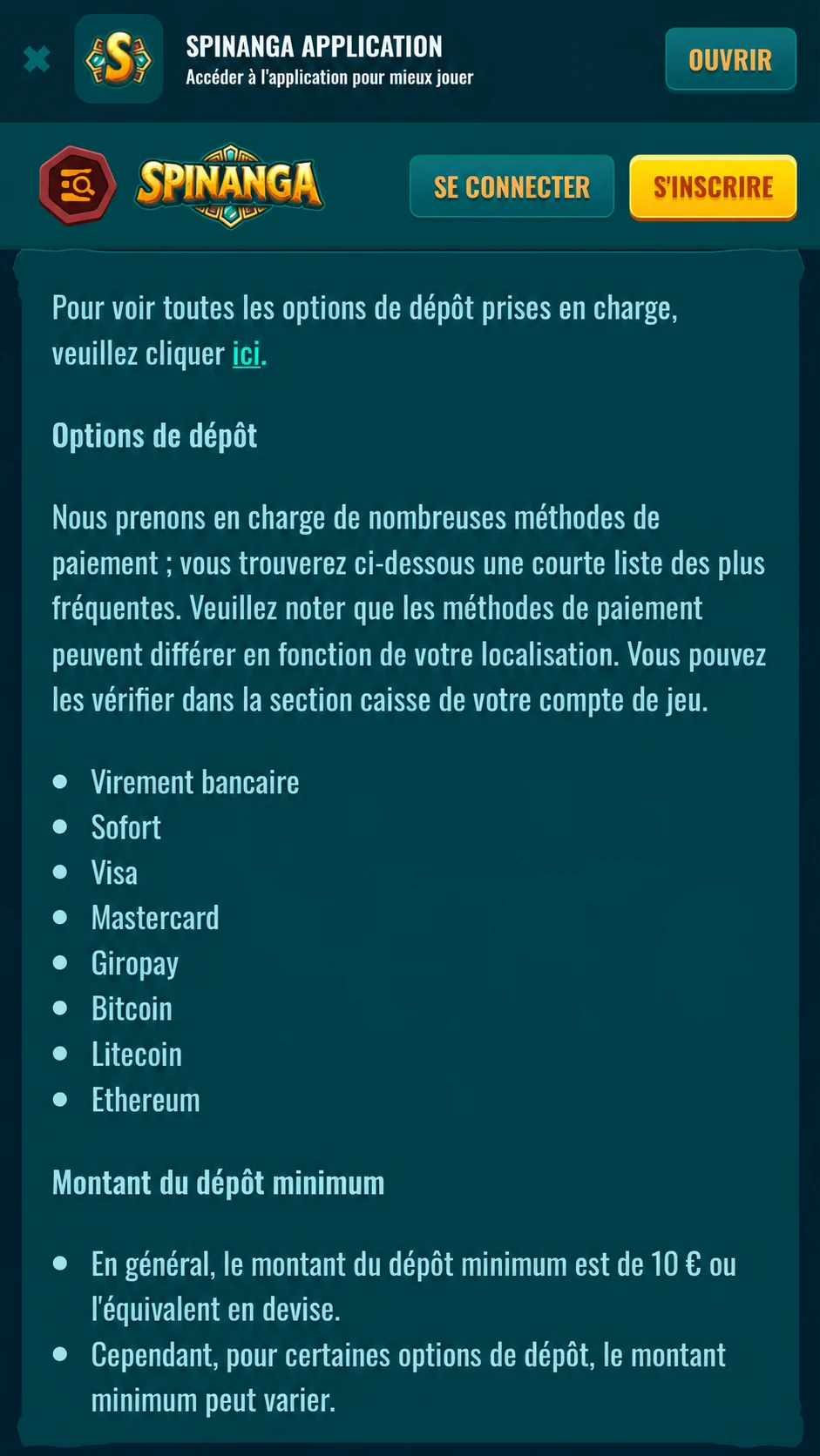 Guide des dépôts Spinanga et moyens de paiement