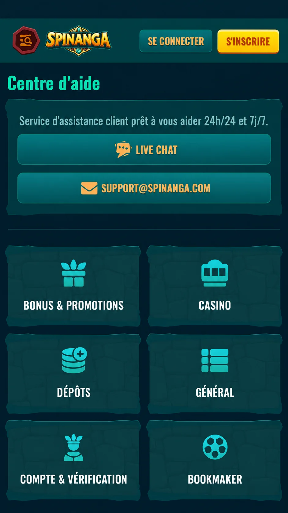 Centre d'aide Spinanga avec live chat 24 heures sur 24 et 7 jours sur 7